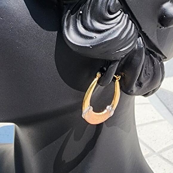 Vintage 14K Fine Tri Color Gold Diamond Cut Hollow Hoop Earrings - Picture 3 of 9